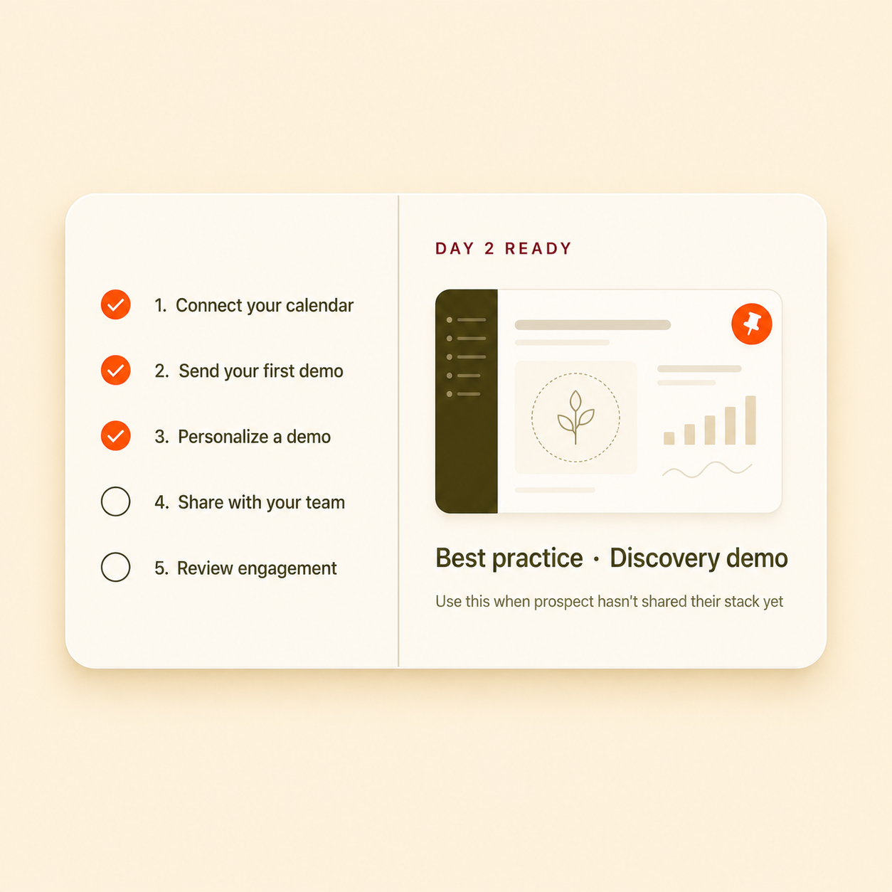 Rep onboarding checklist with Day 2 Ready best practice demo tile